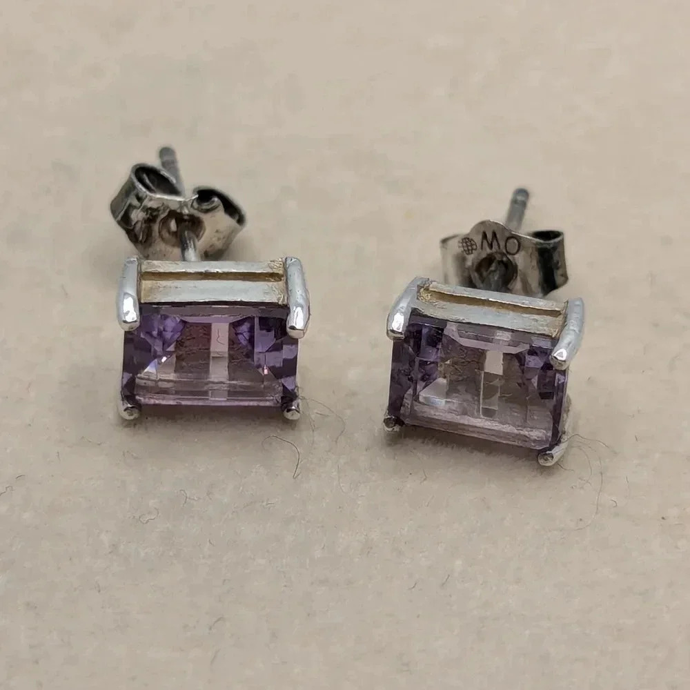 ✨ Amethyst Emerald-Cut Stud Earrings in Sterling Silver 💖